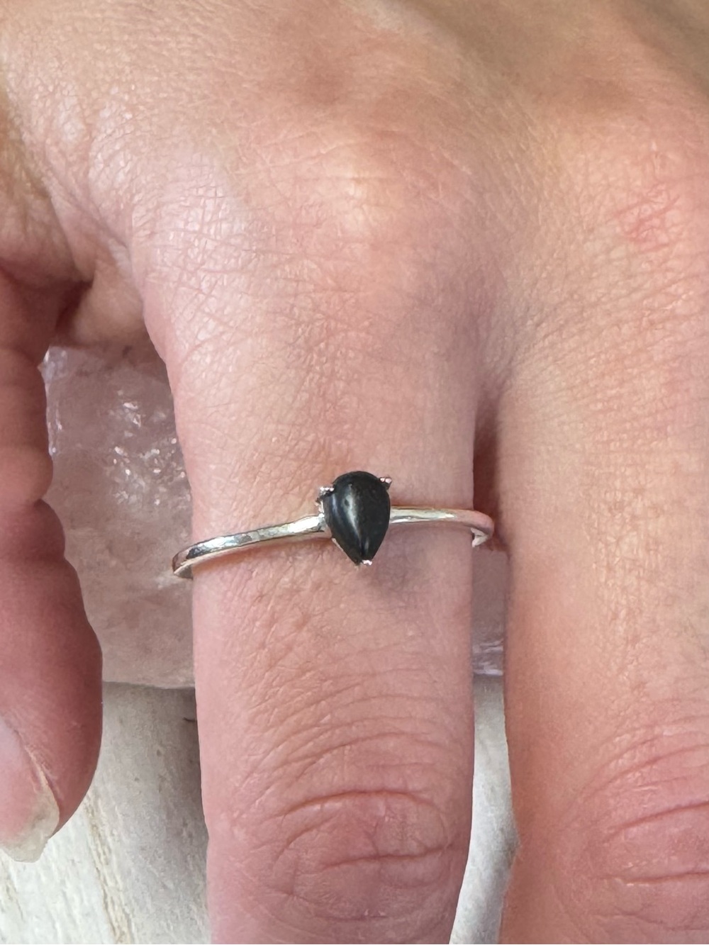 Shungite Sterling Silver Teardrop Minimalist Stacker Ring - Size 9